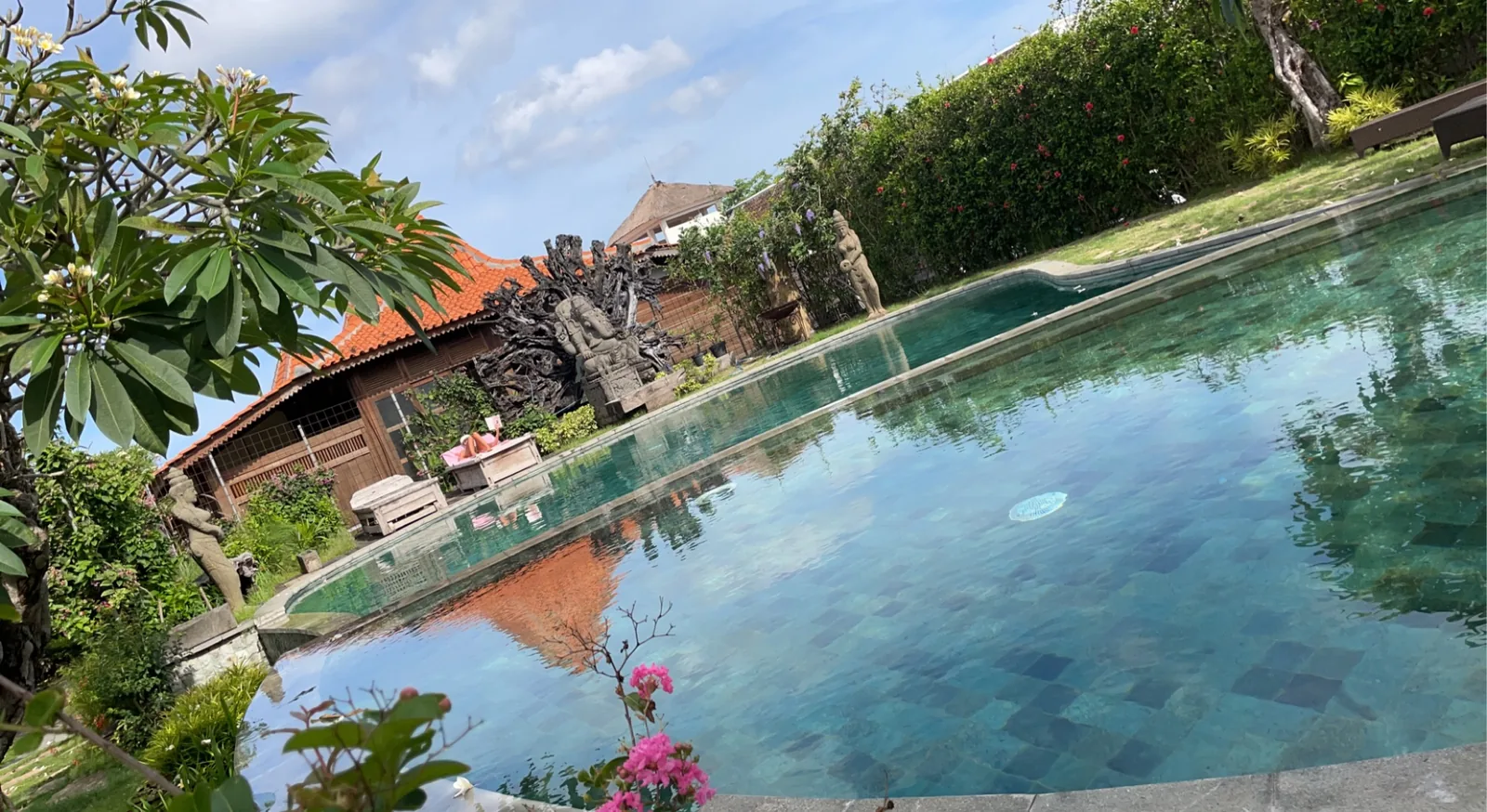 Airbnb pool with frangipani, a stone statue and the villa roof