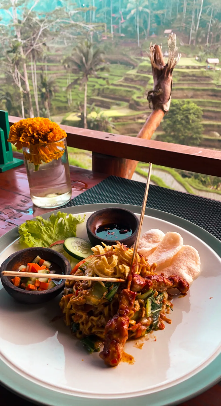 A plate of mie goreng with a marigold, rice terraces behind