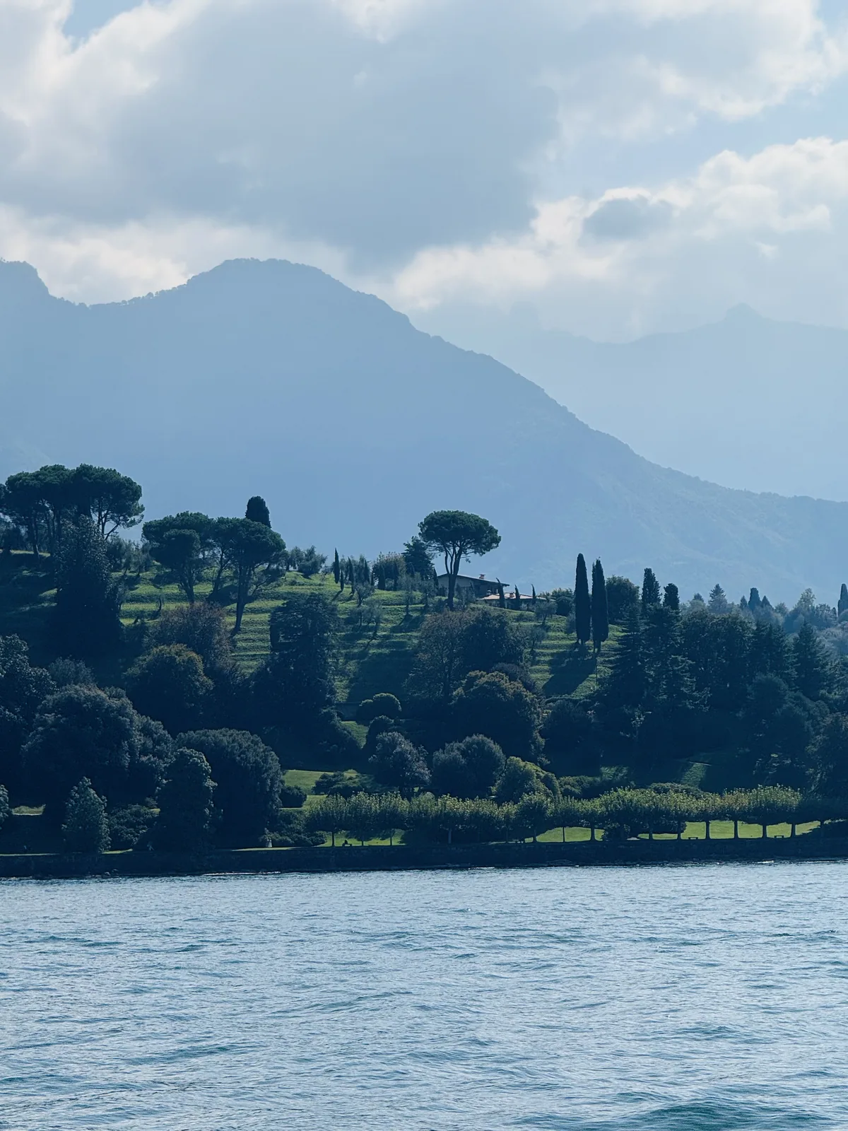 Quiet hillside view from the boat, a villa and stone pine trees on a green slope above the water