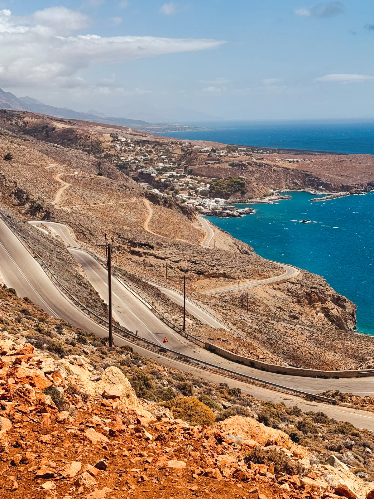 The hairpin road winding down to Chora Sfakion village and harbour, the sea on the right