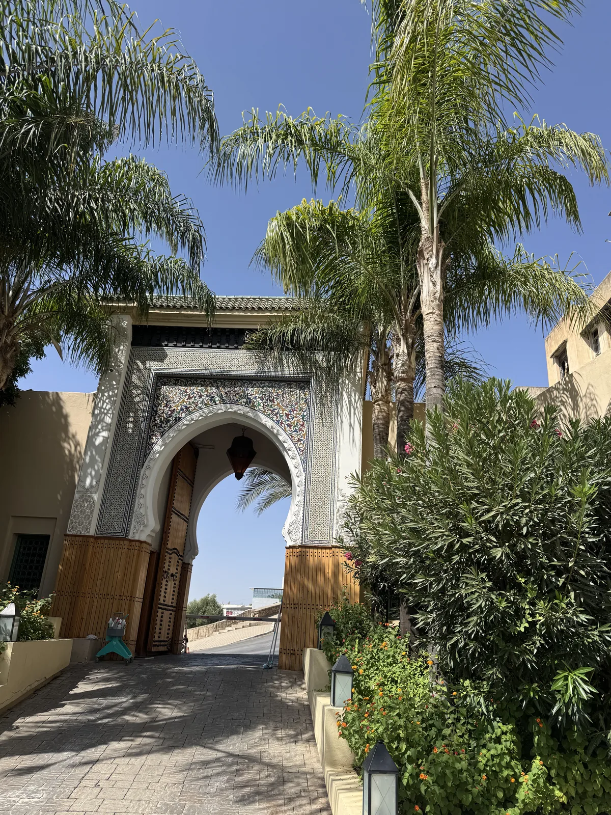 The gated entrance to Palais Faraj seen from the lane, framed by palms