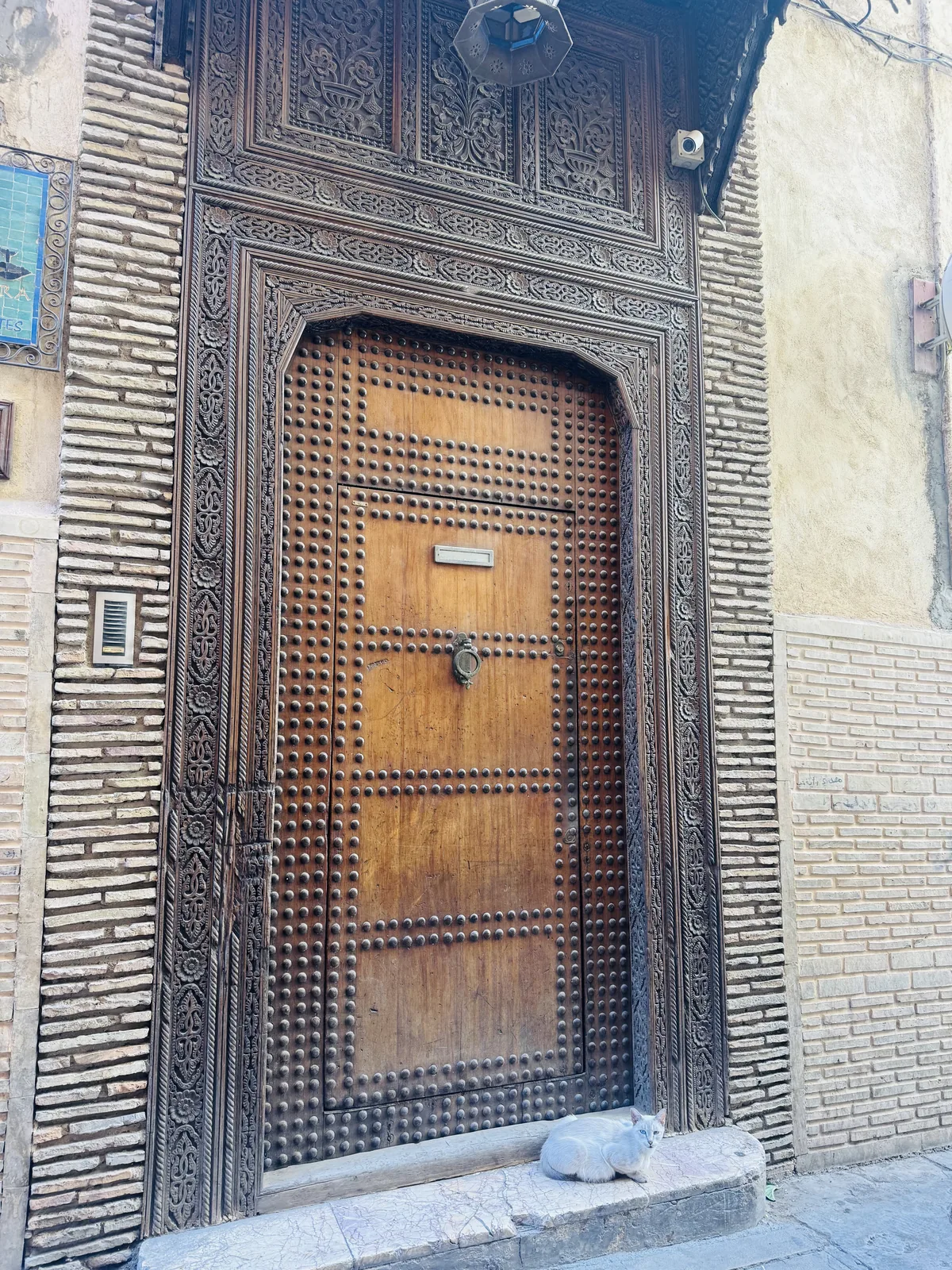 A carved and studded wooden medina door with a white cat asleep on the step