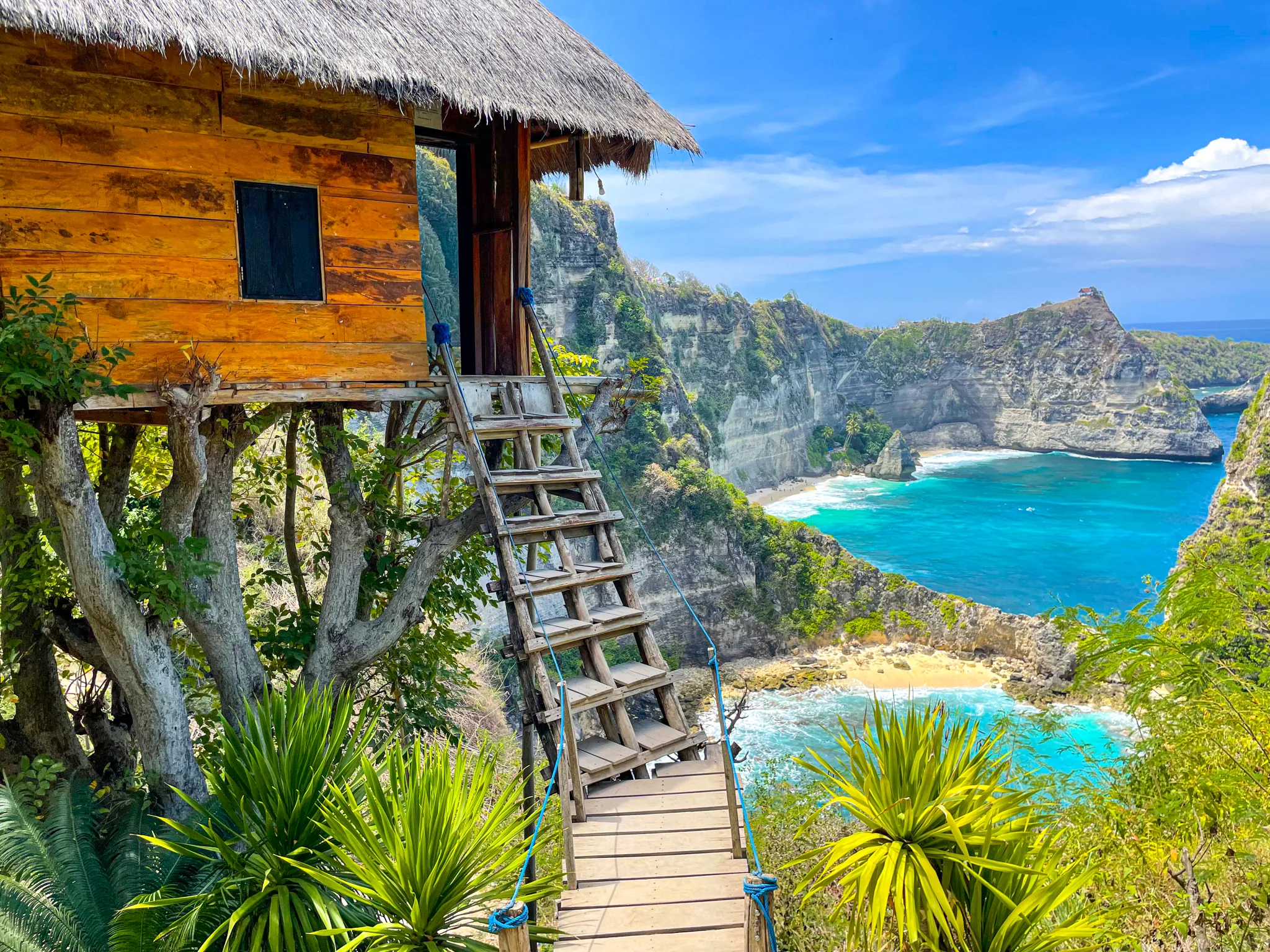 A thatched wooden treehouse on stilts above the coast of Nusa Penida, with a turquoise bay behind.